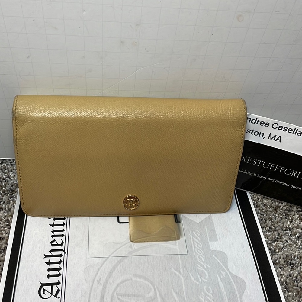 Authentic Chanel tan leather bifold wallet with COA